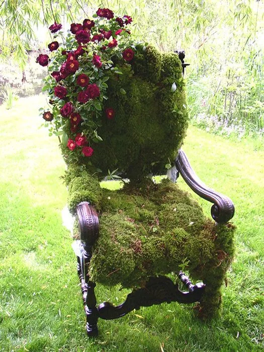 Ornate armchair covered in green moss with red roses growing from the backrest, set on grass outdoors